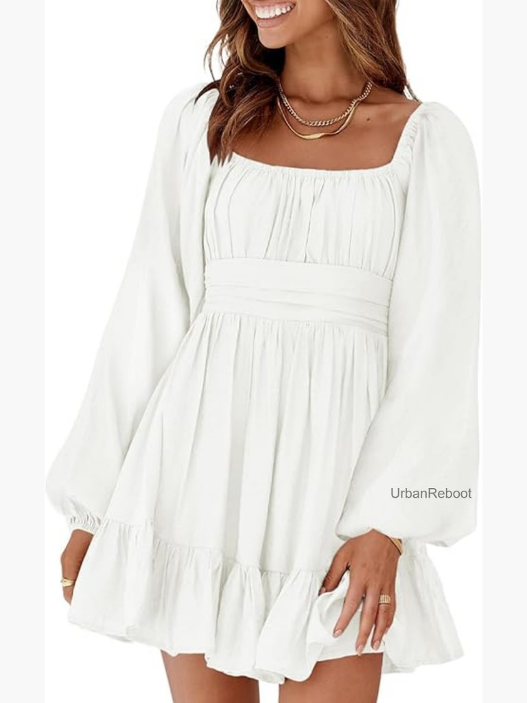Women's Square Neck Lantern Sleeve Tie Back Mini Dress With Elastic Waist